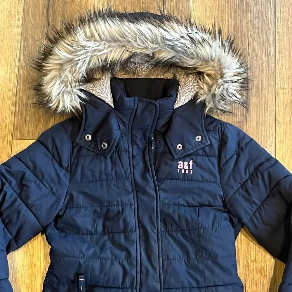 VTG Y2K Abercrombie Kids Puffer Jacket 11/12 Collar Faux Fur Hood Lined Blue EUC
